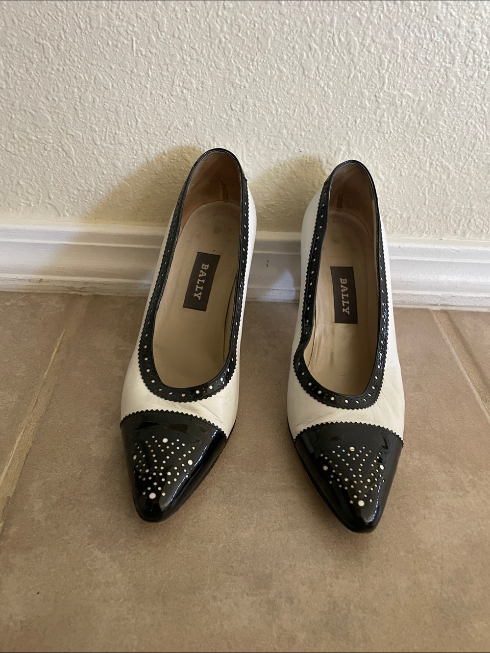 Bally Black and White Studded Pointed Toe Pumps